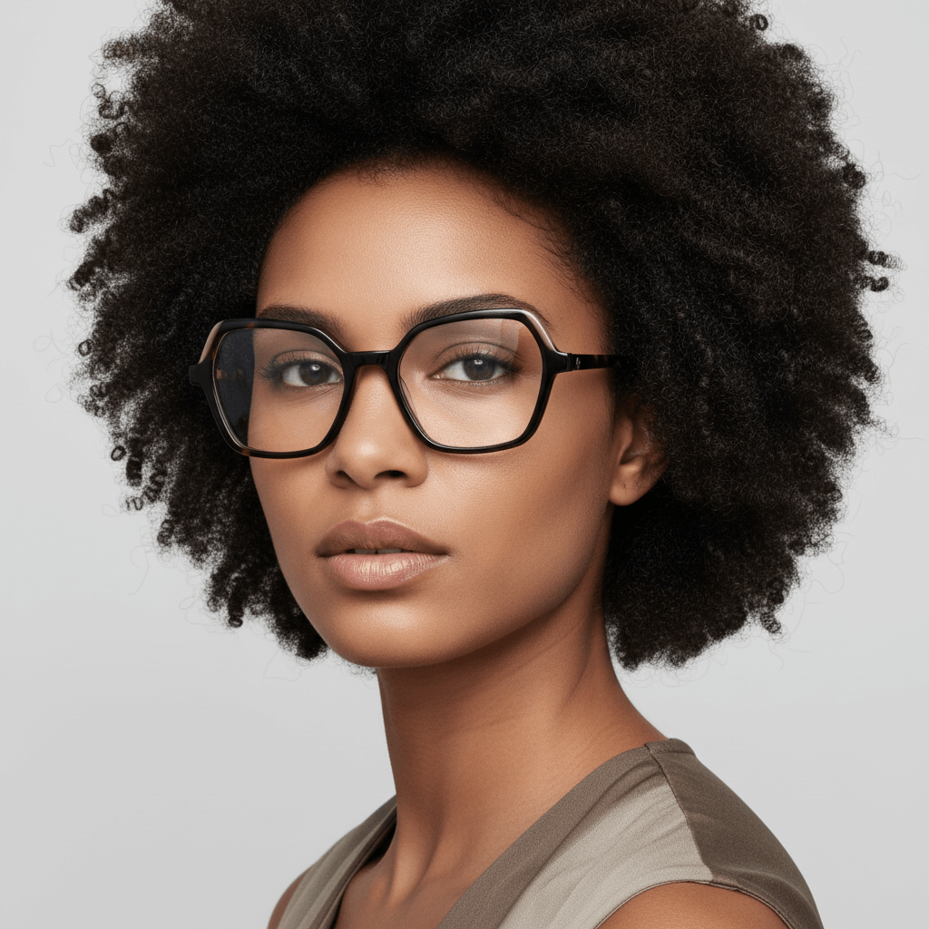 la vista lateral de una mujer afroamericana usando armazones marcos opticos con receta y tratamiento antireflejo de forma cuadrada rectangular Bonoboss en acetato sustentable reciclado de #color_carey