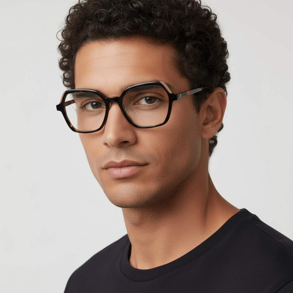 la vista lateral de un modelo hombre afroamericano usando armazones marcos opticos con receta y tratamiento antireflejo de forma cuadrada rectangular Bonoboss en acetato sustentable reciclado de #color_carey