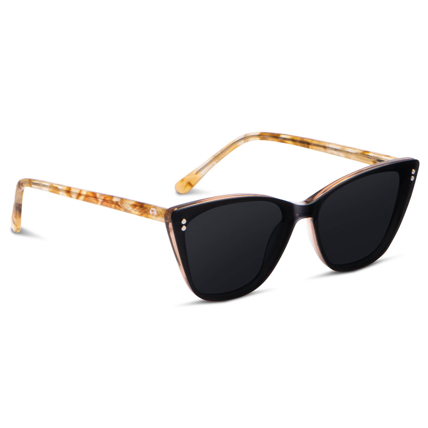 anteojos opticos agatados de mujer de color damasco con patas amarillas vista angulada con clip de sol polarizado o iman o sobrelente polarizado#color_damasco