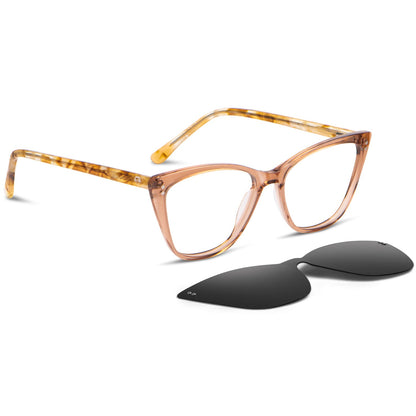 anteojos opticos agatados de mujer de color damasco con patas amarillas vista angulada con clip de sol polarizado o iman o sobrelente polarizado en la parte inferior#color_damasco