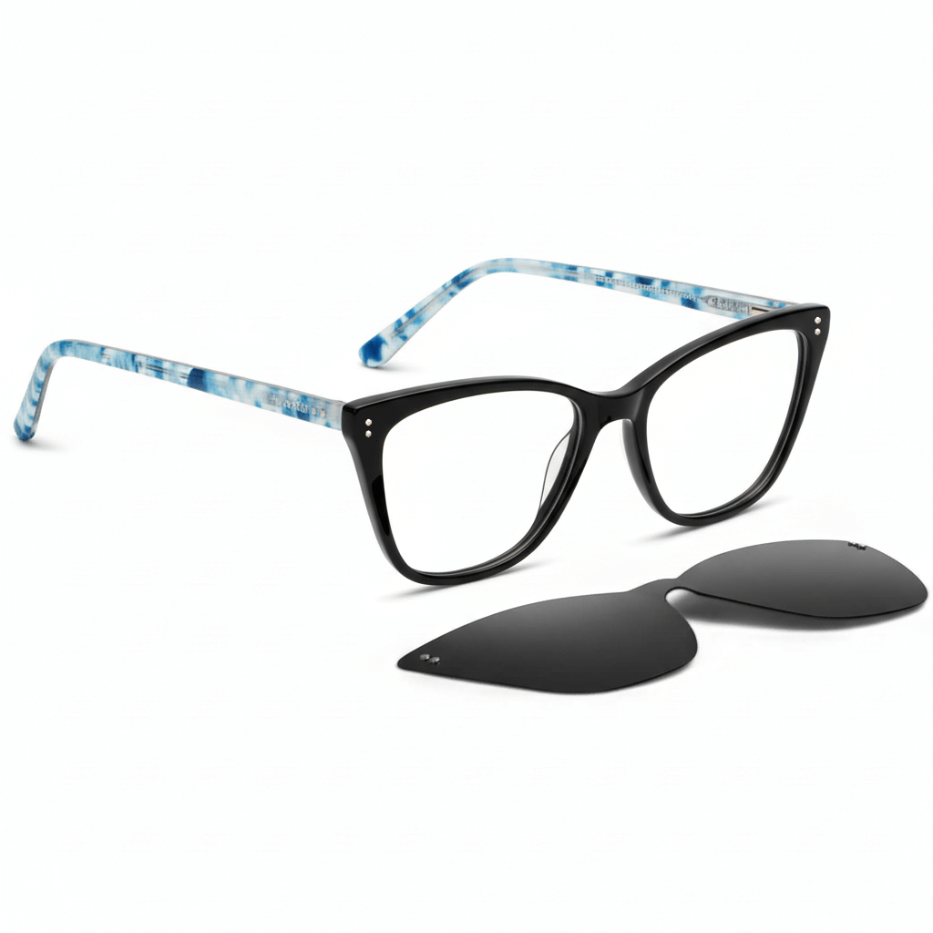 anteojos opticos agatados de mujer con clip de sol polarizado con sobrelente lentes con receta frontal #color_black