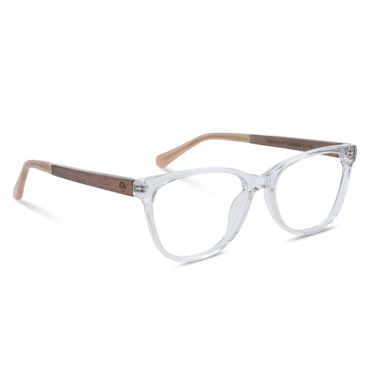 anteojos opticos agatados de color transparente de moda para mujer de cara redonda. Varillas de madera natural sustentable de madera de nogal#color_transparente