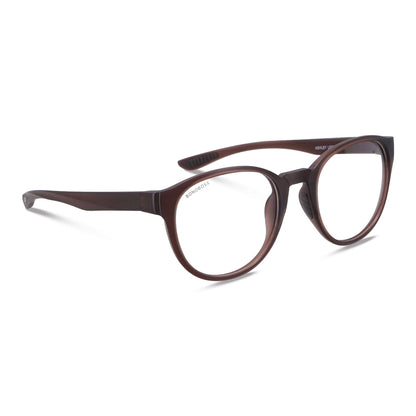 una vista angulada de anteojos marcos opticos redondos grandes hechos de acetato biodegradable sustentable de color burdeo marca bonoboss de una distribuidora mayorista de opticas por mayor #color_brown