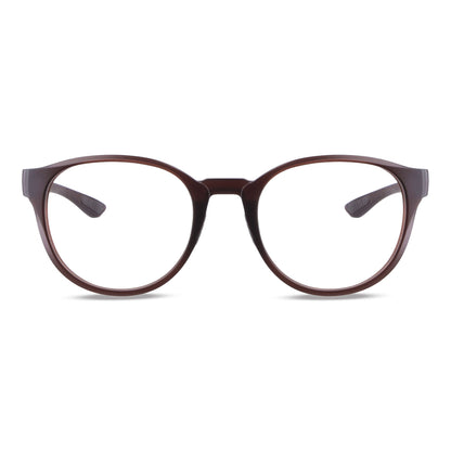 una vista angulada de anteojos marcos cafe redondos grandes hechos de acetato biodegradable sustentable de color burdeo marca bonoboss de una distribuidora mayorista de opticas por mayor #color_brown