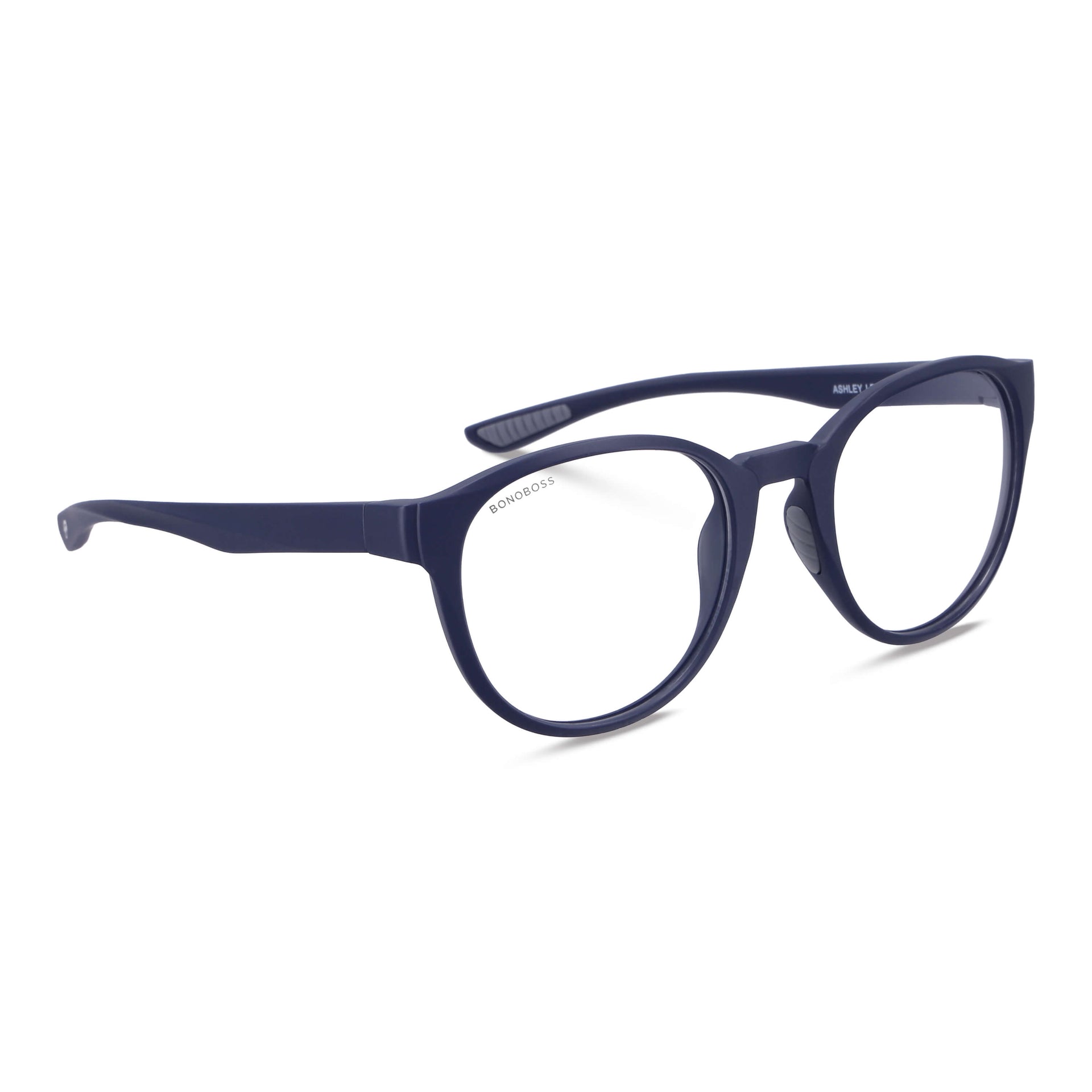 una vista angulada de anteojos marcos azul redondos grandes hechos de acetato biodegradable sustentable de color azul marca bonoboss de una distribuidora mayorista de opticas por mayor #color_blue