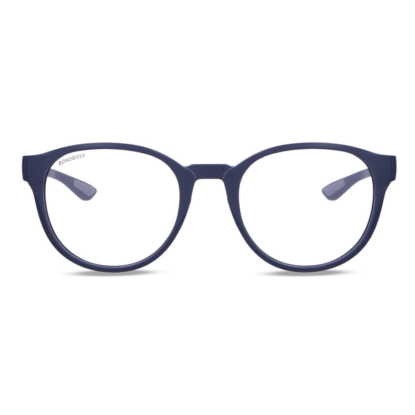 una vista frontal de anteojos marcos opticos redondos grandes hechos de acetato biodegradable sustentable de color azul marca bonoboss de una distribuidora mayorista de opticas por mayor #color_blue
