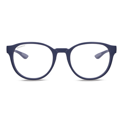 una vista frontal de anteojos marcos opticos redondos grandes hechos de acetato biodegradable sustentable de color azul marca bonoboss de una distribuidora mayorista de opticas por mayor #color_blue