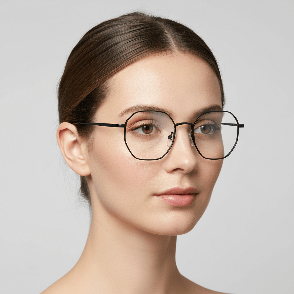 una mujer de cara redonda usando lentes opticos geometricos metalicos de acero inoxidable sustentable #color_black