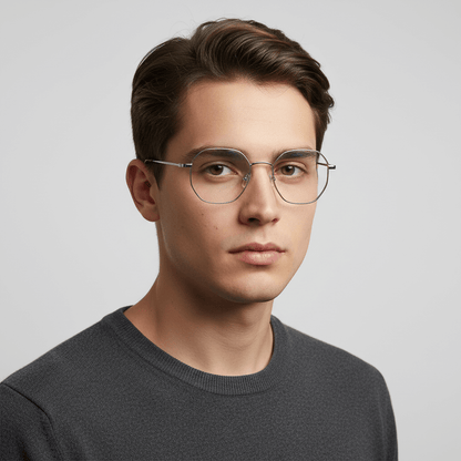 una hombre de cara redonda usando lentes opticos geometricos metalicos de acero inoxidable sustentable #color_silver