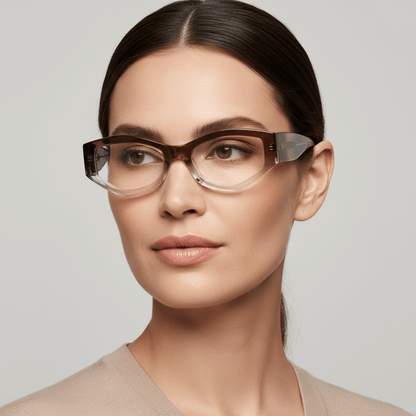 la vista lateral de una mujer de cara ovalada y pelo tomado en primer plano usando armazones marcos opticos de la marca Bonoboss en acetato sustentable biodegradable reciclado de forma geometrica #color_honey-crystal