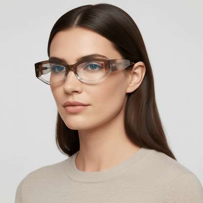 la vista lateral de una mujer de cara ovalada y pelo suelto en primer plano usando armazones marcos opticos de la marca Bonoboss en acetato sustentable biodegradable reciclado de forma geometrica #color_honey-crystal