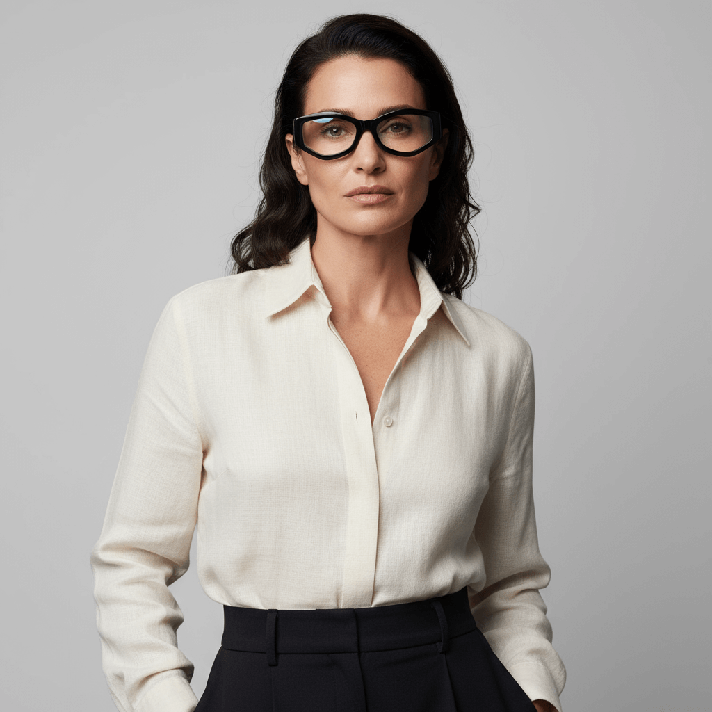 la vista frontal de una mujer de cara ovalada y pelo suelto de cuerpo completo armazones marcos opticos de la marca Bonoboss en acetato sustentable biodegradable reciclado de forma geometrica #color_negro