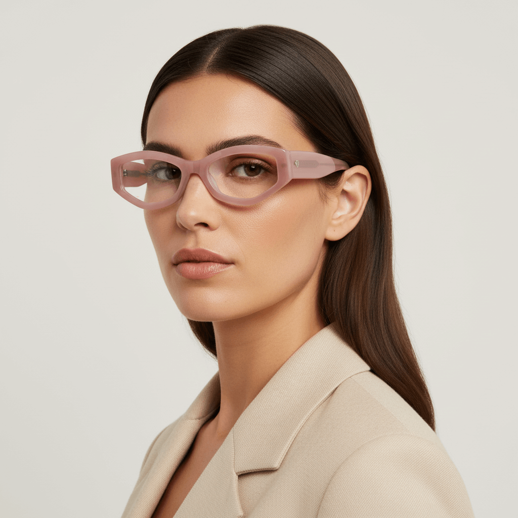la vista lateral de una mujer de cara ovalada usando armazones marcos opticos de la marca Bonoboss en acetato sustentable biodegradable reciclado de forma geometrica #color_pink