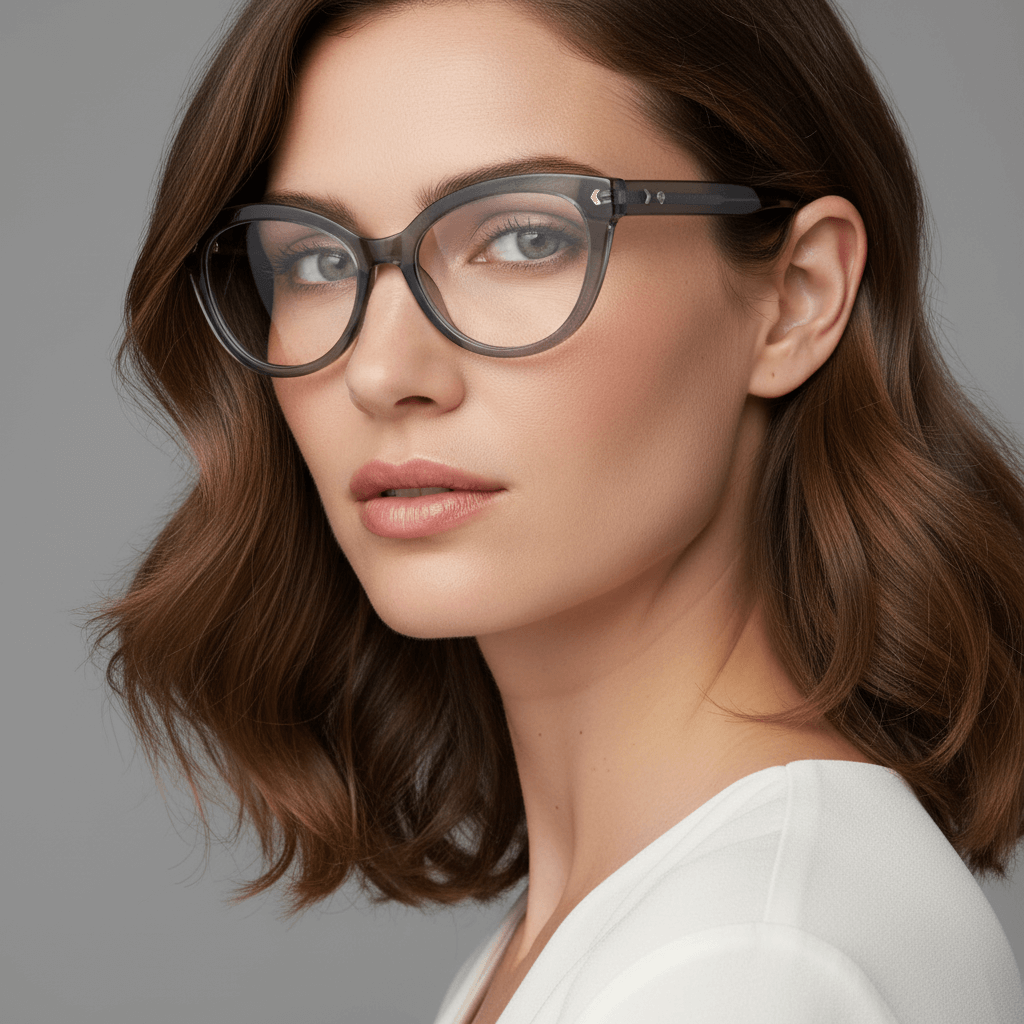 una modelo mujer de moda con cara redonda y pelo ondulado usando anteojos armazones marcos opticos agatados con tratamiento antireflejo y receta de #color_gris