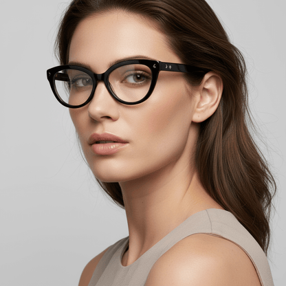 una modelo mujer de moda con cara ovalada pelo suelto ondulado usando anteojos armazones marcos opticos agatados con tratamiento antireflejo y receta de #color_negro