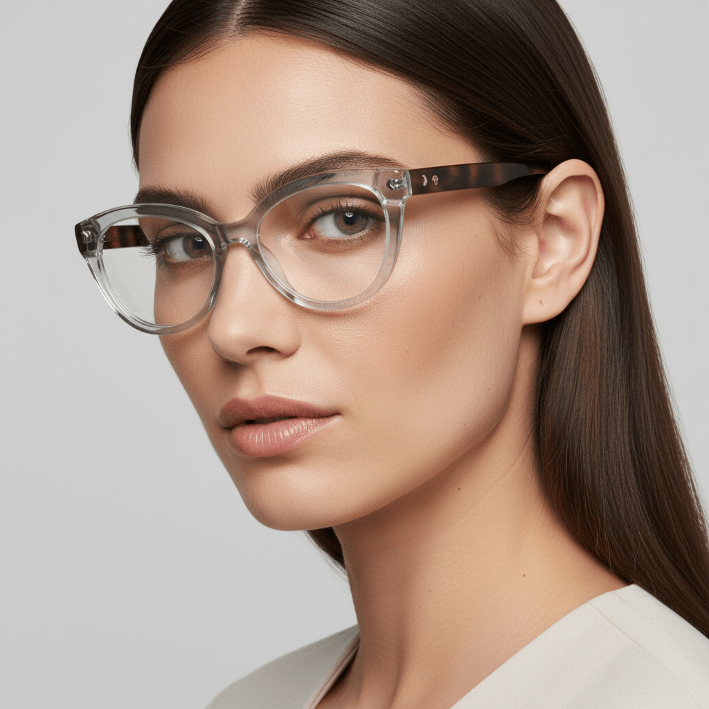 una modelo mujer de moda con pelo liso suelto y cara redonda usando anteojos armazones marcos opticos agatados con tratamiento antireflejo y receta de #color_transparente