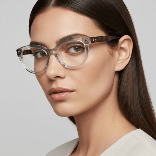 una modelo mujer de moda con pelo liso suelto y cara redonda usando anteojos armazones marcos opticos agatados con tratamiento antireflejo y receta de #color_transparente
