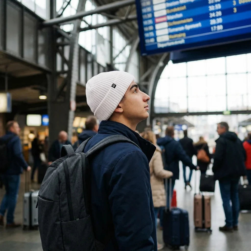 Beanie gorro de invierno viajero estación aeropuerto Bonoboss