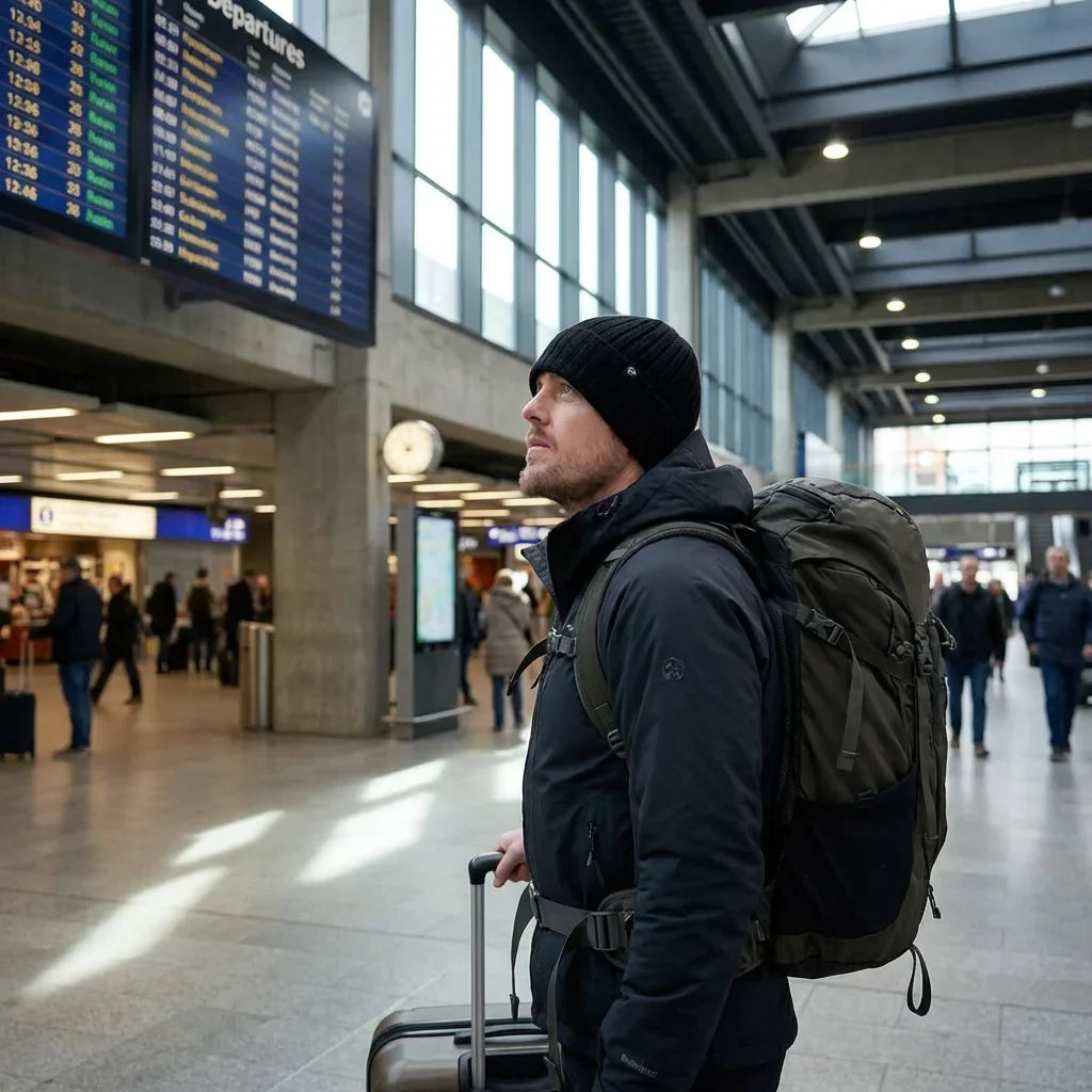 Beanie gorro de invierno viajero estación aeropuerto Bonoboss