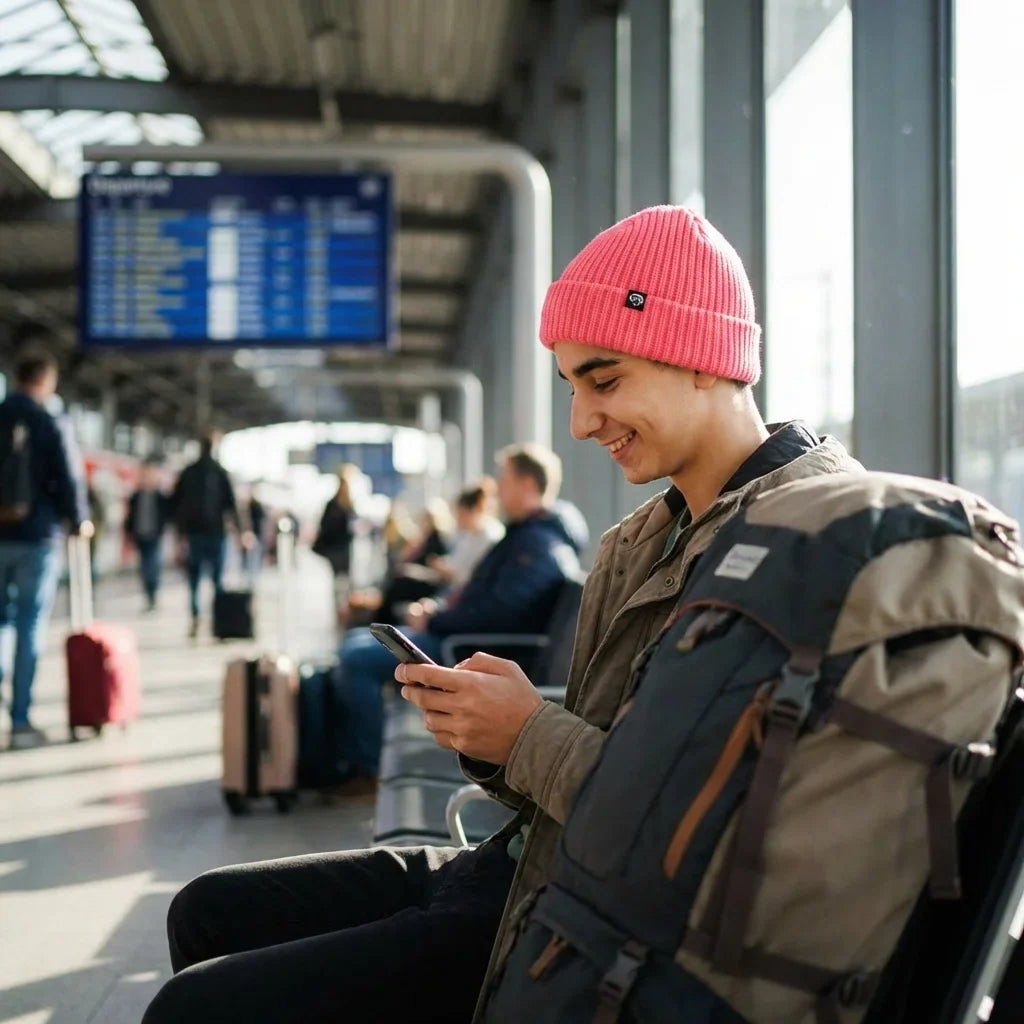 Beanie gorro de invierno viajero estación aeropuerto Bonoboss