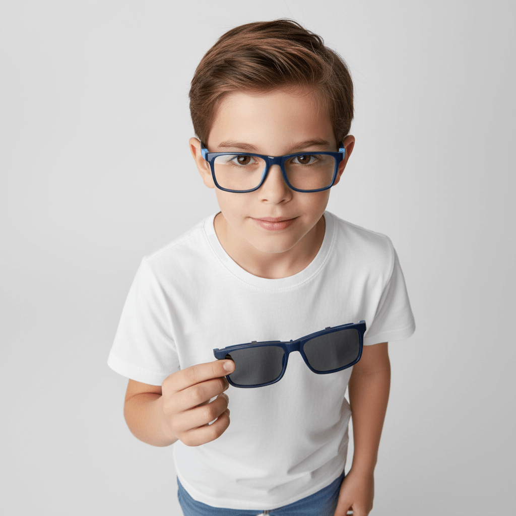 un niño de 10 años usando marcos opticos con clip de sol polarizado de #color_azul