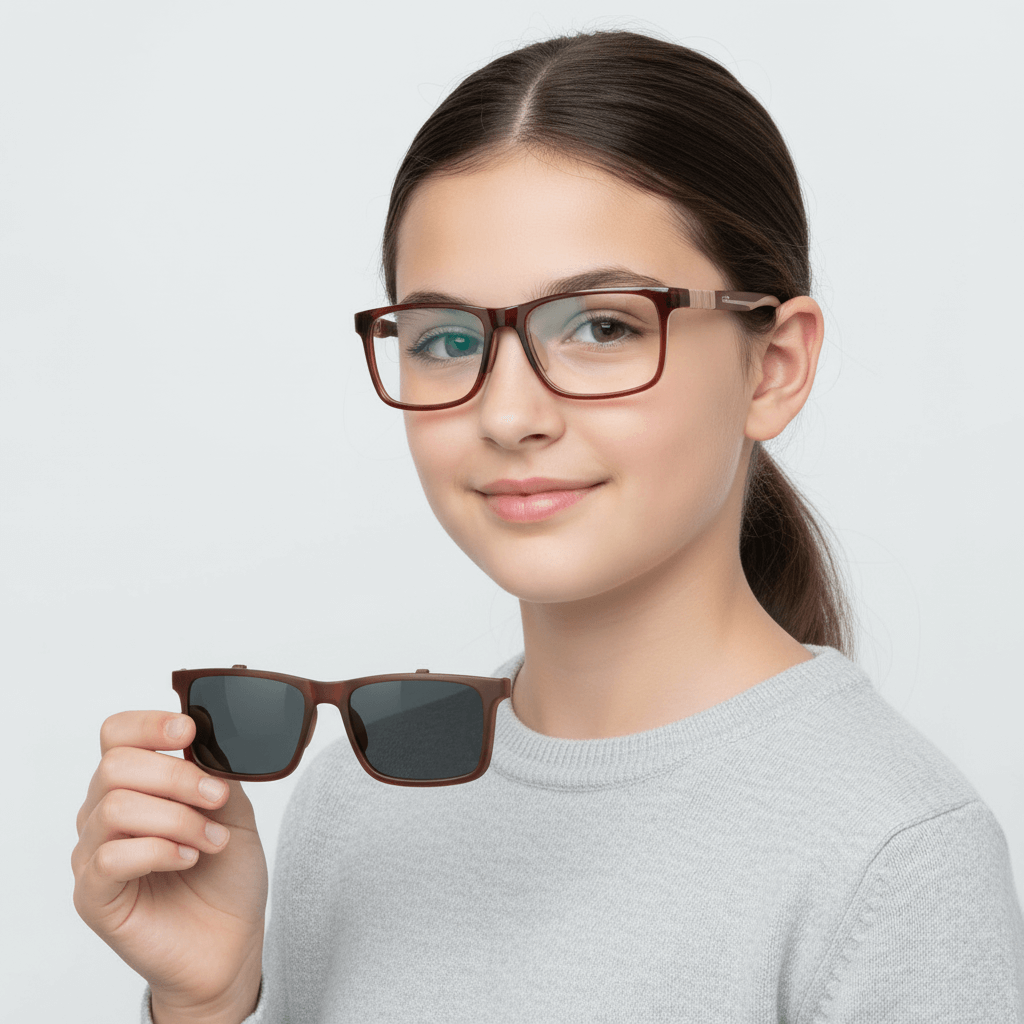 una niña de cara redonda usando marcos opticos bonoboss con clip de sol polarizado de #color_brown