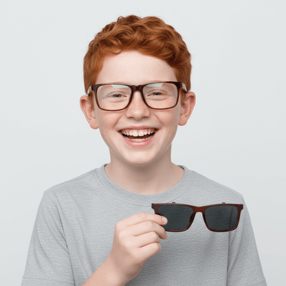 un niño de cara redonda usando marcos opticos bonoboss con clip de sol polarizado de #color_brown