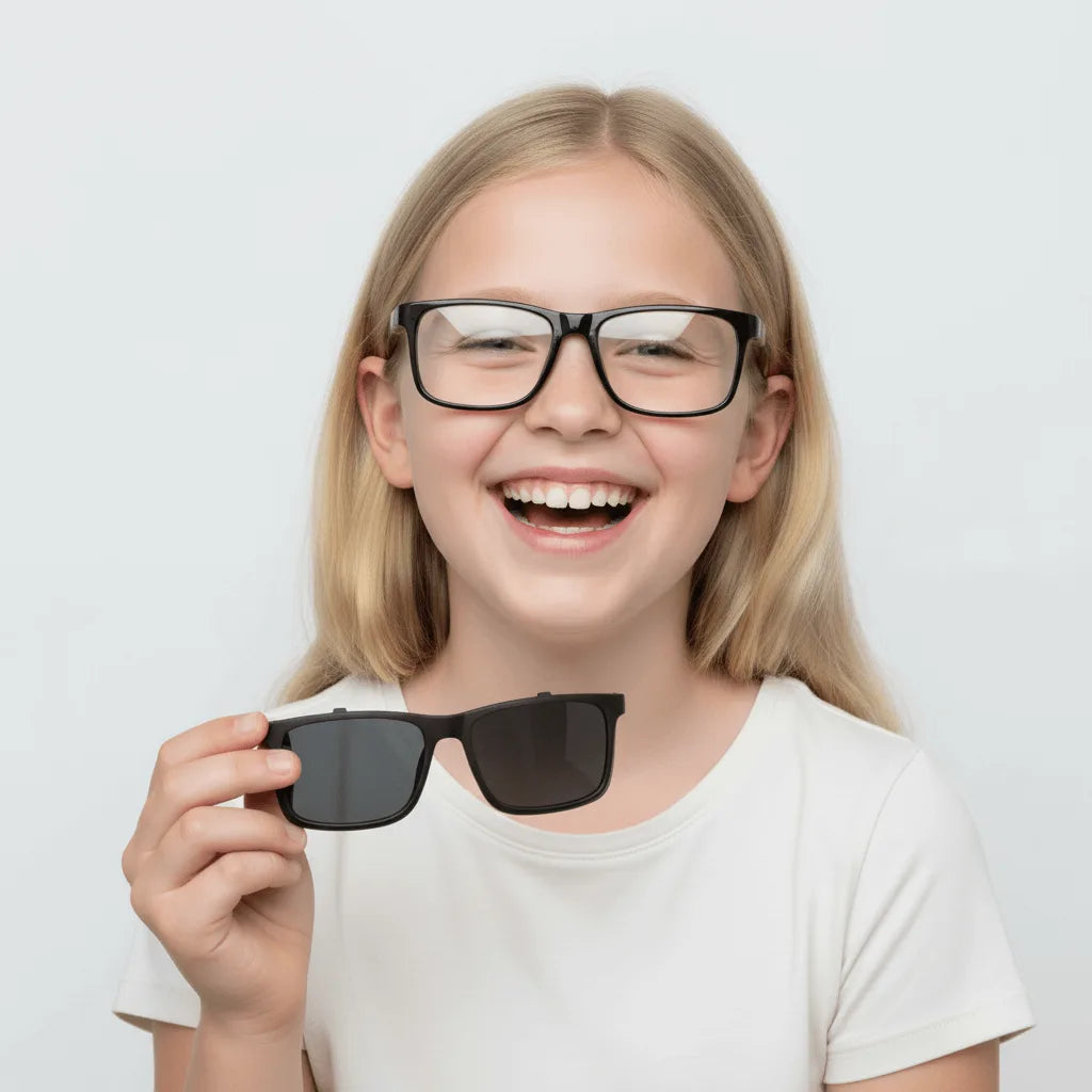 una niña riendo usando marcos opticos rectangulares con clip de sol polarizado #color_negro