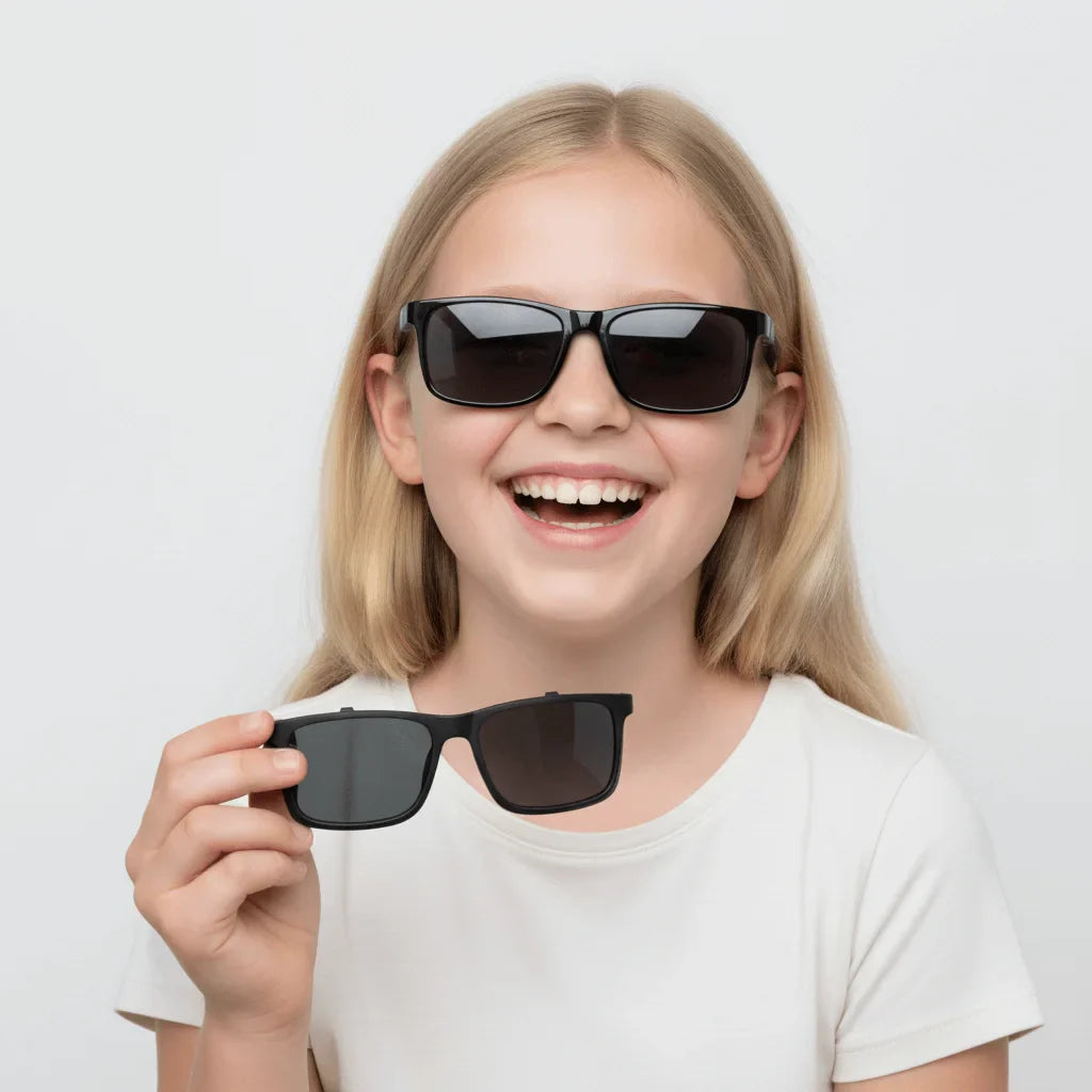 una niña riendo usando marcos opticos rectangulares con clip de sol polarizado #color_negro