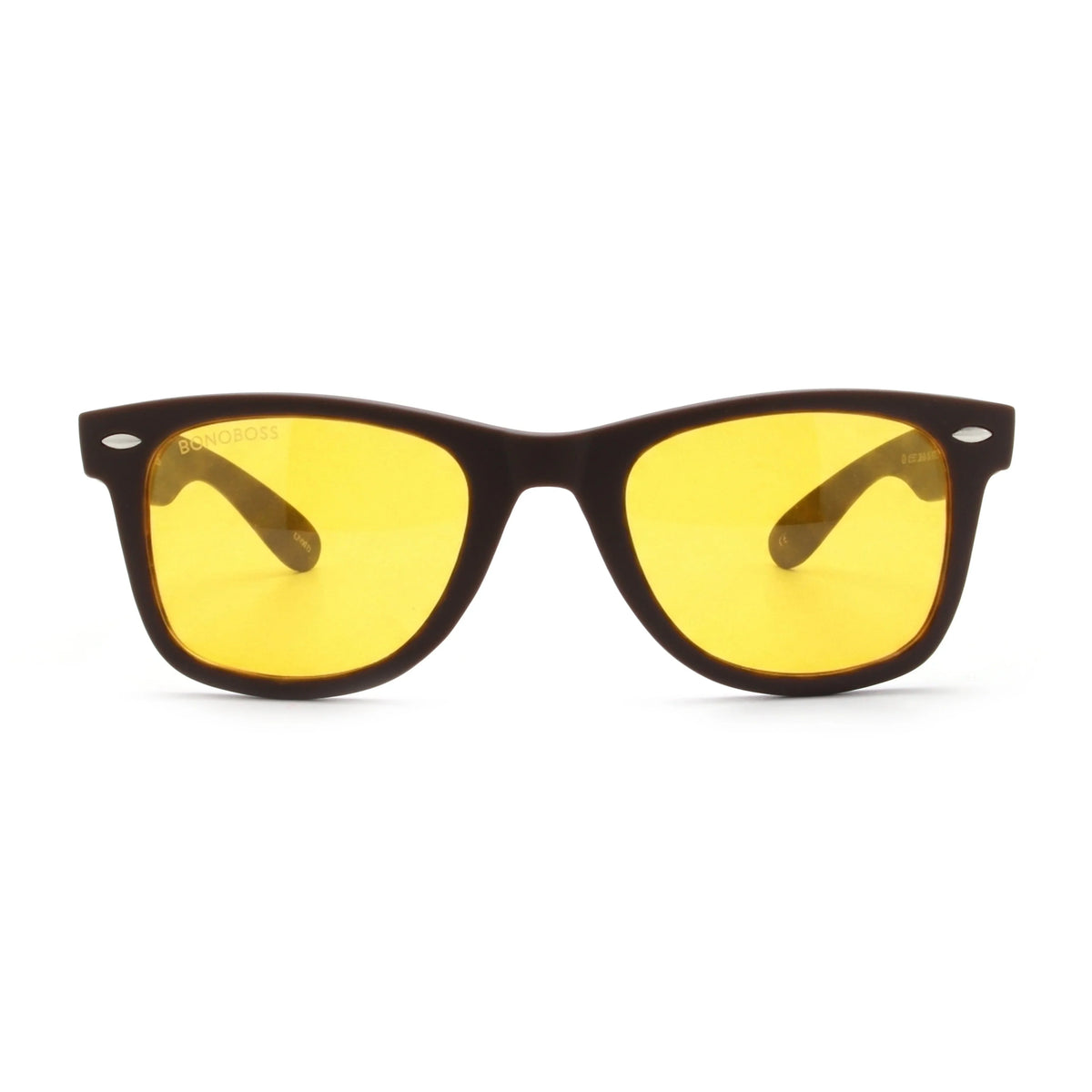 Acacia RPET Café lentes de sol cristal Amarillo vista frontal unisex madera reciclada #color_amarillo #foto_frontal