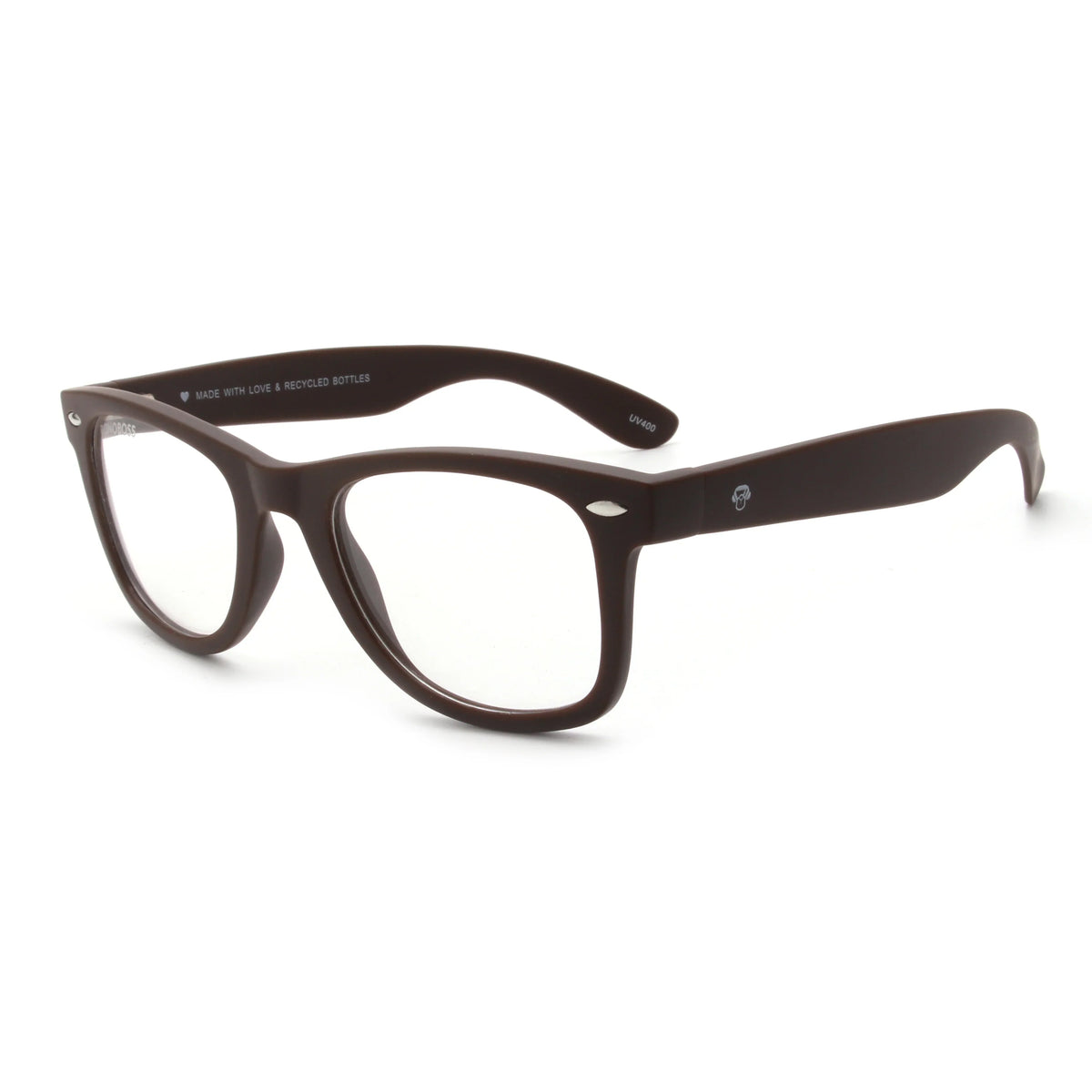 Acacia RPET Café armazón óptico demo sin tinte vista tres cuartos unisex plástico reciclado #color_cafe