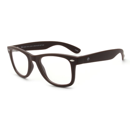 Acacia RPET Café armazón óptico demo sin tinte vista tres cuartos unisex plástico reciclado #color_cafe