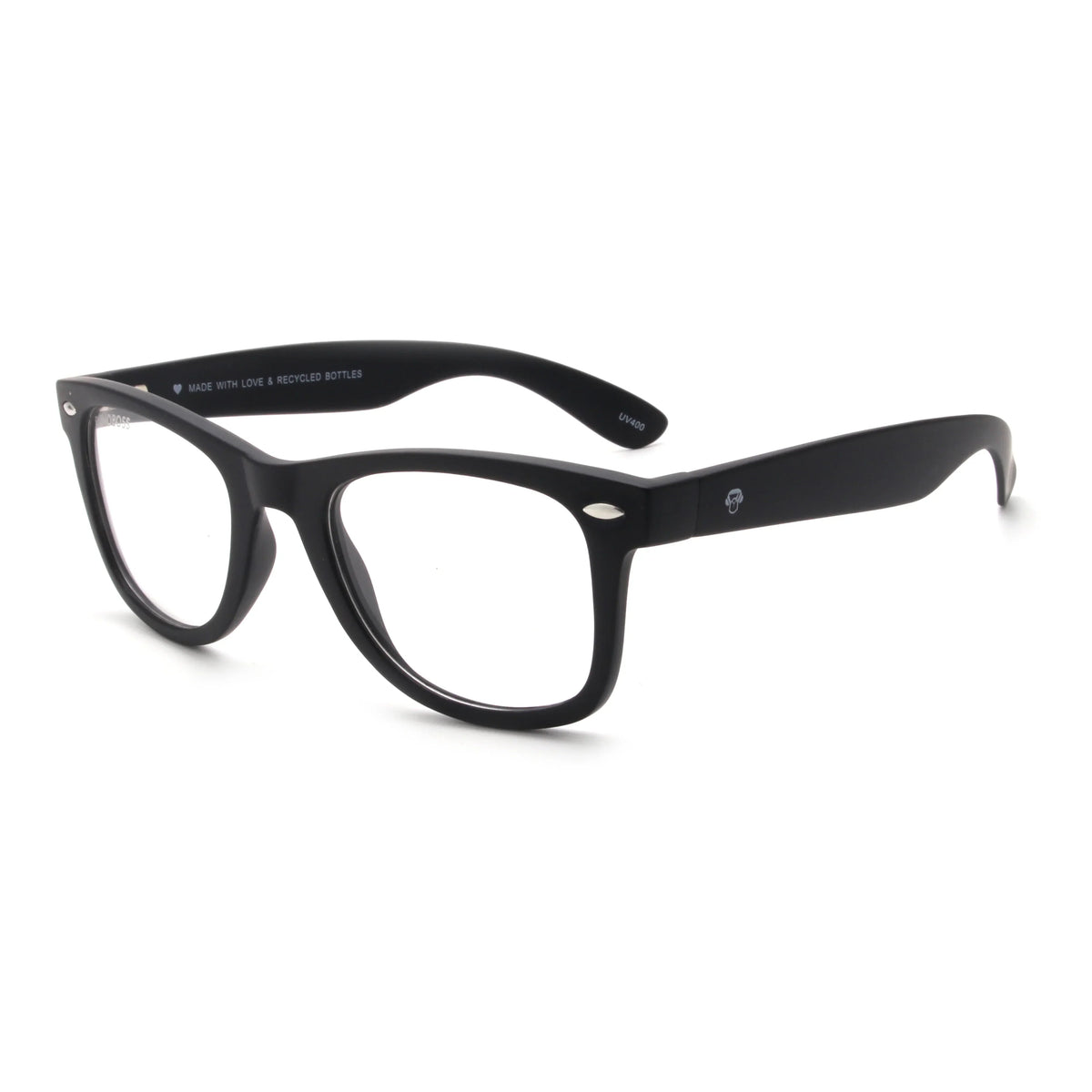 Acacia RPET Negro armazón óptico demo sin tinte vista tres cuartos unisex plástico reciclado #color_negro