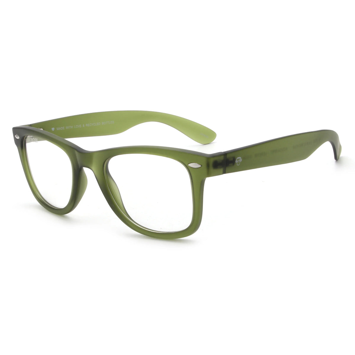 Acacia RPET Olive armazón óptico demo sin tinte vista tres cuartos unisex plástico reciclado #color_olive