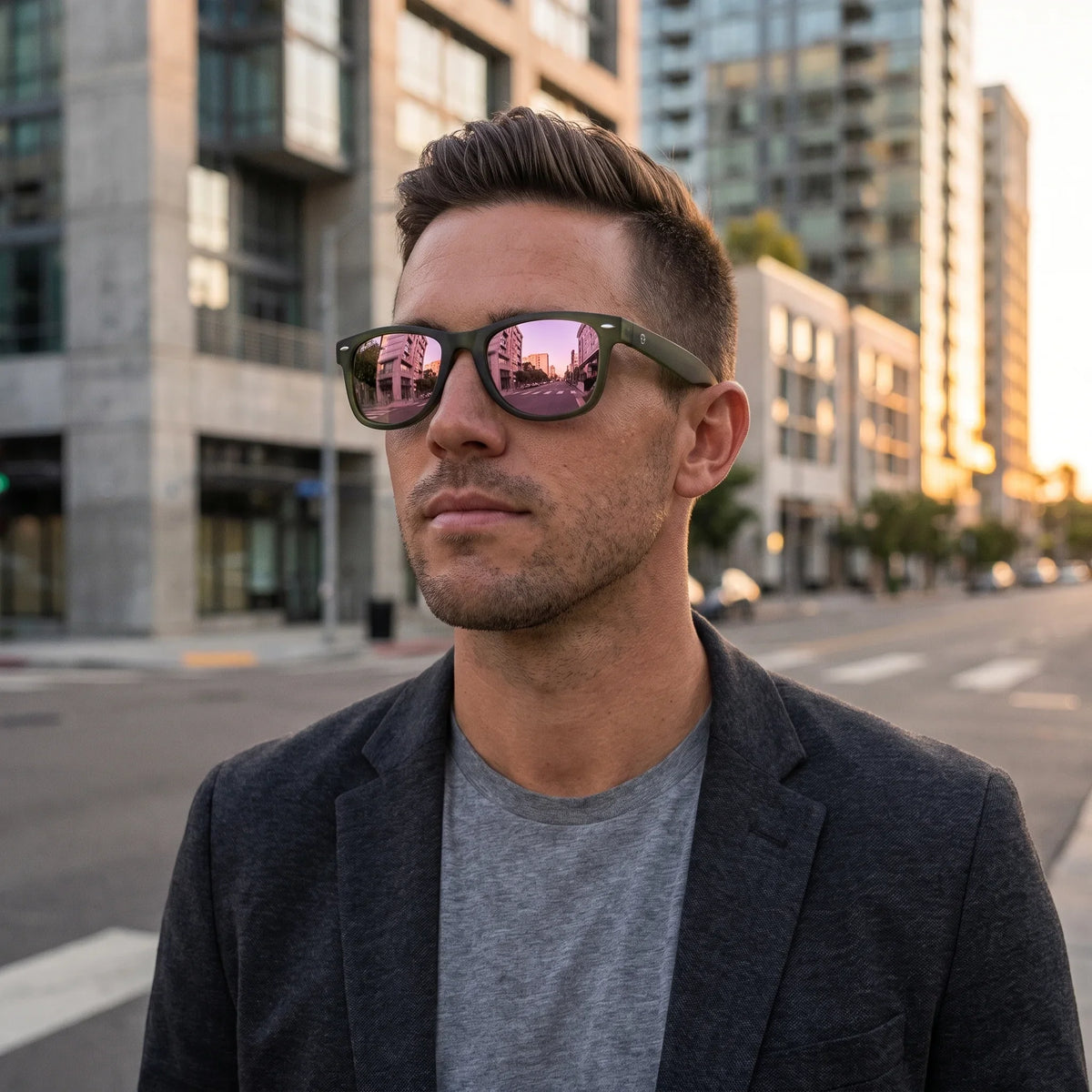 Hombre usando lentes sol Acacia RPET Olive polarizados UV400 hombre estilo urbano ciudad moderna Bonoboss #color_espejado-pink
