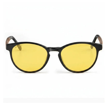 Lentes de sol Bonoboss Chiloé 220 Negro cristal Amarillo vista frontal armazón bio-acetato varilla madera UV400 #editorial_frontal #color_amarillo