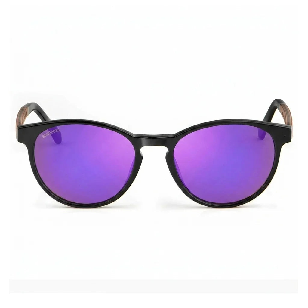 Lentes de sol Bonoboss Chiloé 220 Negro cristal Espejado Morado vista frontal armazón bio-acetato varilla madera UV400 #editorial_frontal #color_purple_mirror