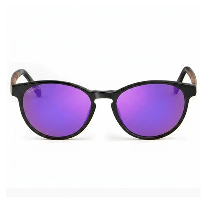 Lentes de sol Bonoboss Chiloé 220 Negro cristal Espejado Morado vista frontal armazón bio-acetato varilla madera UV400 #editorial_frontal #color_purple_mirror