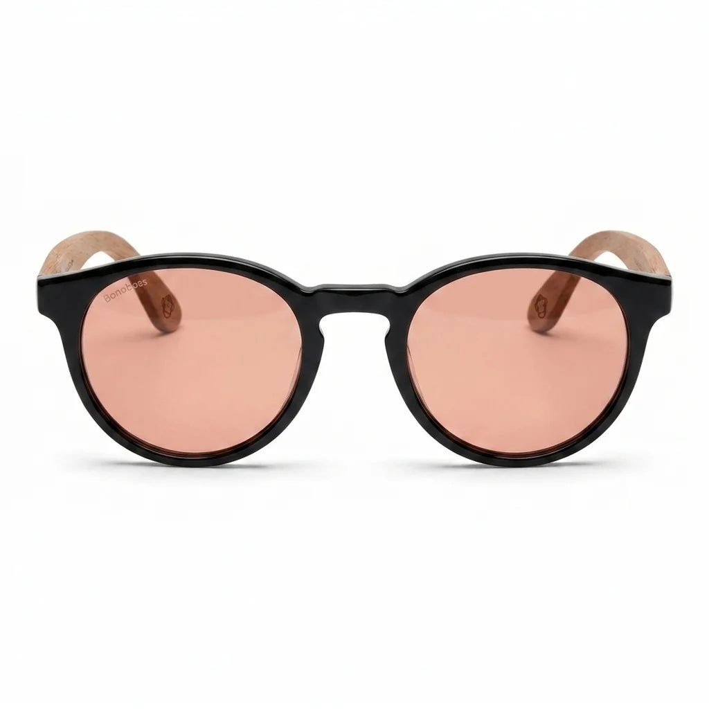Lentes de sol Bonoboss Chiloé 220 Negro cristal Rosado vista frontal armazón bio-acetato varilla madera UV400 #editorial_frontal #color_rosado