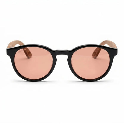 Lentes de sol Bonoboss Chiloé 220 Negro cristal Rosado vista frontal armazón bio-acetato varilla madera UV400 #editorial_frontal #color_rosado