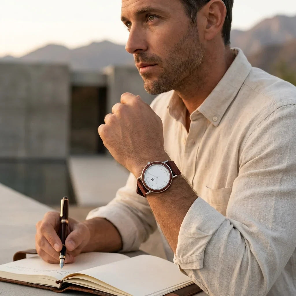 Bonoboss Correa Ultra Thin Nylon 22mm Cafe - lifestyle editorial modelo con reloj #editorial_ctx_lifestyle_full #color_cafe
