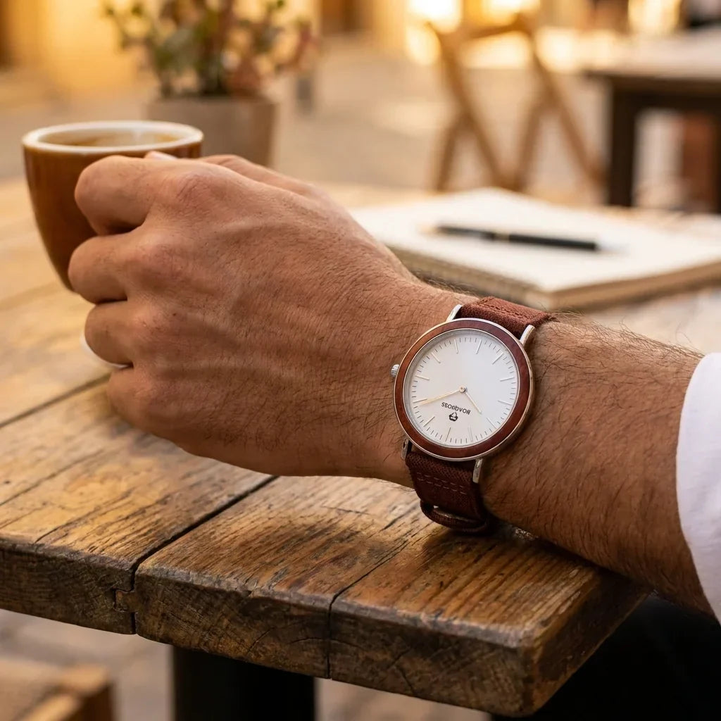 Bonoboss Correa Ultra Thin Nylon 22mm Cafe - lifestyle muneca con reloj Toki Bonoboss #editorial_ctx_wrist_action #color_cafe