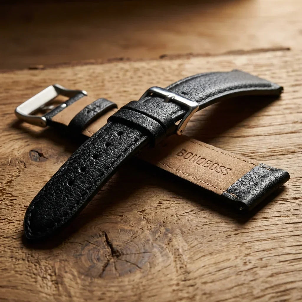 Bonoboss Correa Cuero Premium 22mm Black - macro textura material natural (v2) #editorial_ctx_macro_texture_v2 #color_black