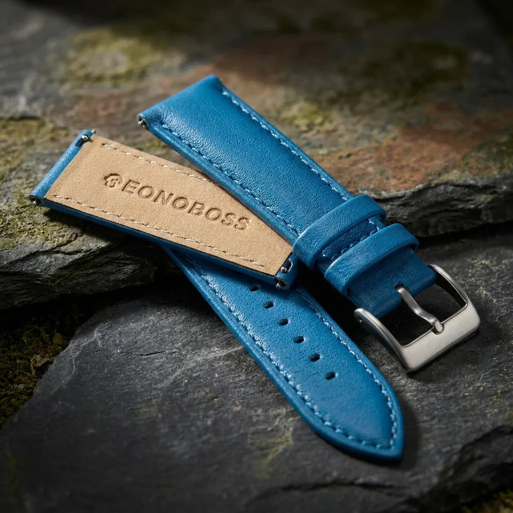 Bonoboss Correa Cuero Premium 22mm Blue - macro textura material natural (v2) #editorial_ctx_macro_texture_v2 #color_blue