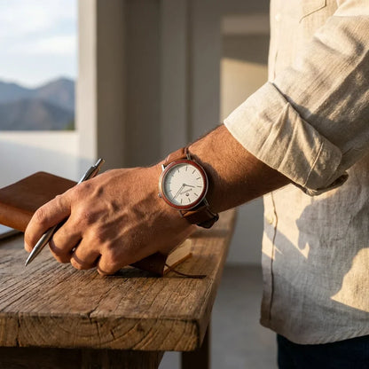 Bonoboss Correa Cuero Premium 22mm Brown - lifestyle editorial modelo con reloj #editorial_ctx_lifestyle_full #color_brown
