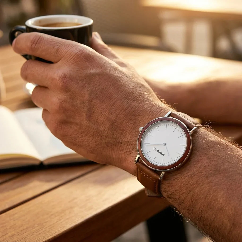 Bonoboss Correa Cuero Premium 22mm Brown - lifestyle muneca con reloj Toki Bonoboss #editorial_ctx_wrist_action #color_brown