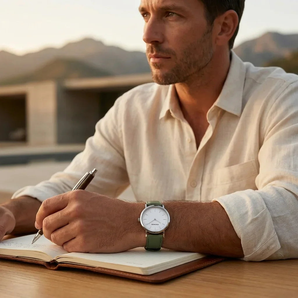 Bonoboss Correa Cuero Premium 22mm Green - lifestyle editorial modelo con reloj #editorial_ctx_lifestyle_full #color_green