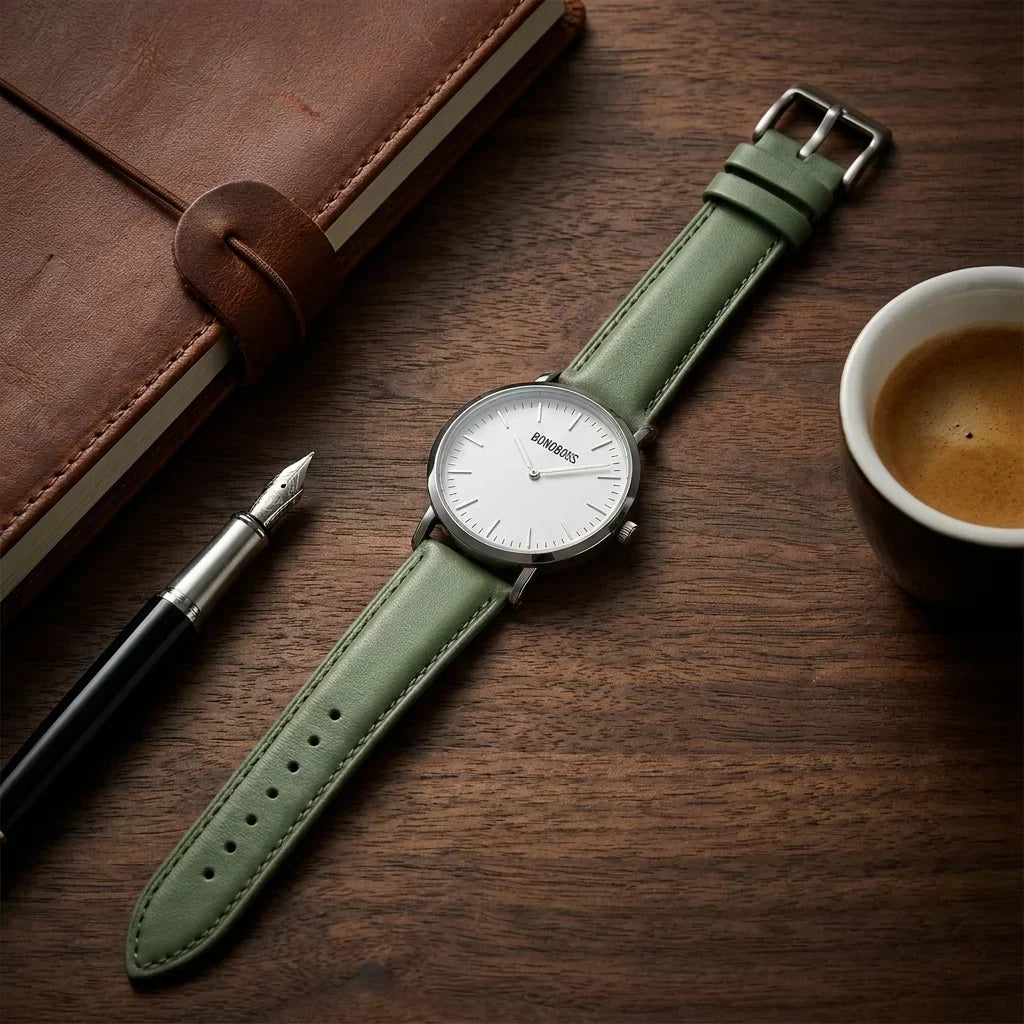 Bonoboss Correa Cuero Premium 22mm Green - still life premium madera reloj props #editorial_ctx_premium_stilllife #color_green