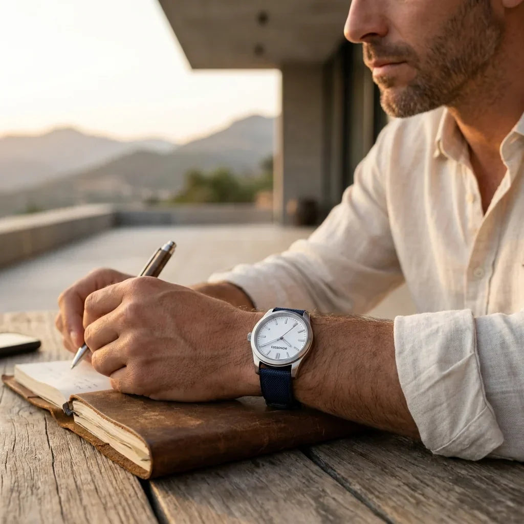 Bonoboss Correa Canvas + TPU 22mm Azul - lifestyle editorial modelo con reloj #editorial_ctx_lifestyle_full #color_azul