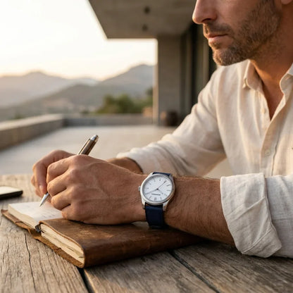 Bonoboss Correa Canvas + TPU 22mm Azul - lifestyle editorial modelo con reloj #editorial_ctx_lifestyle_full #color_azul